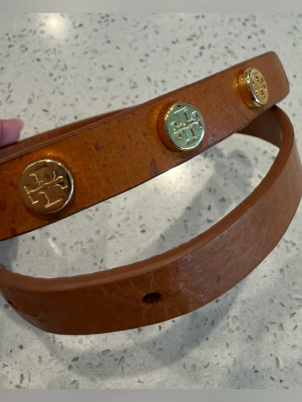 Tory Burch Tan Leather Wrap Bracelet Gold Logos